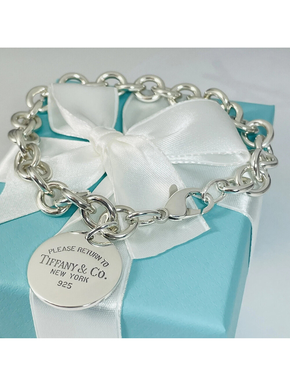 Vintage Return to Tiffany & Co Round Tag Bracelet Charm 925 Sterling Silver 6.5"
